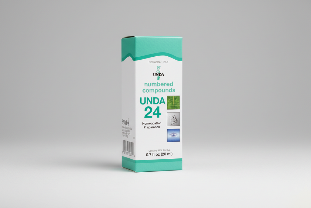 UNDa 24 homeopathic preparation bottle with green and white label