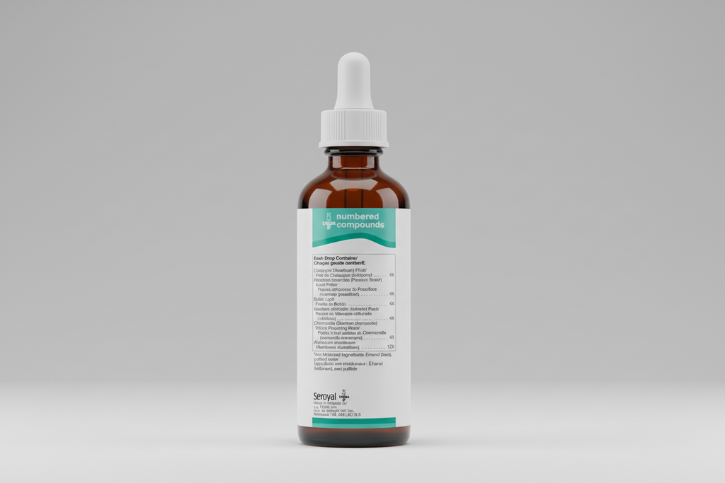 Medication label for 'numbered compounds' with UNDA branding and product details.
