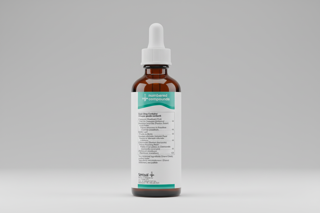 Medication label for 'numbered compounds' with UNDA branding and product details.