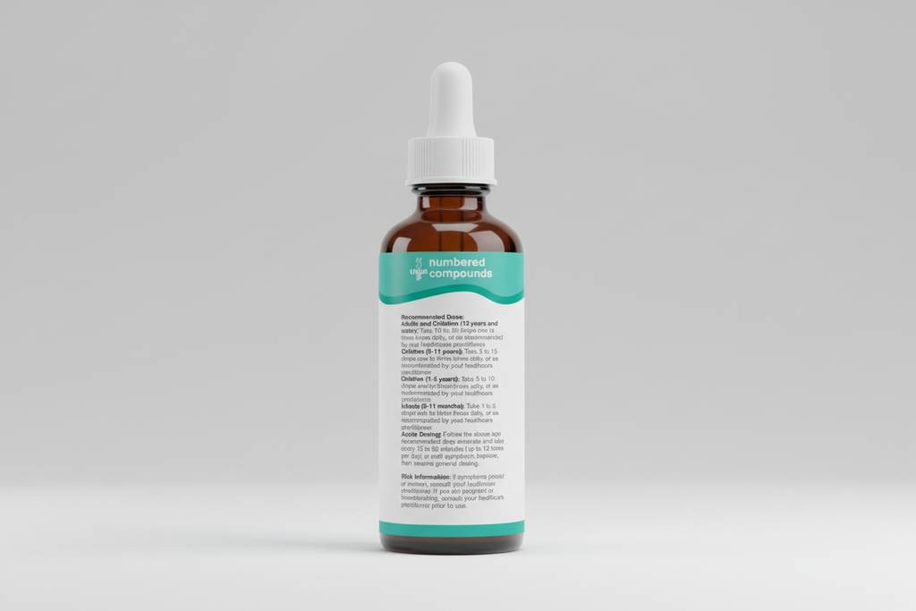 UNPA numbered compounds label with dosing instructions and risk information.