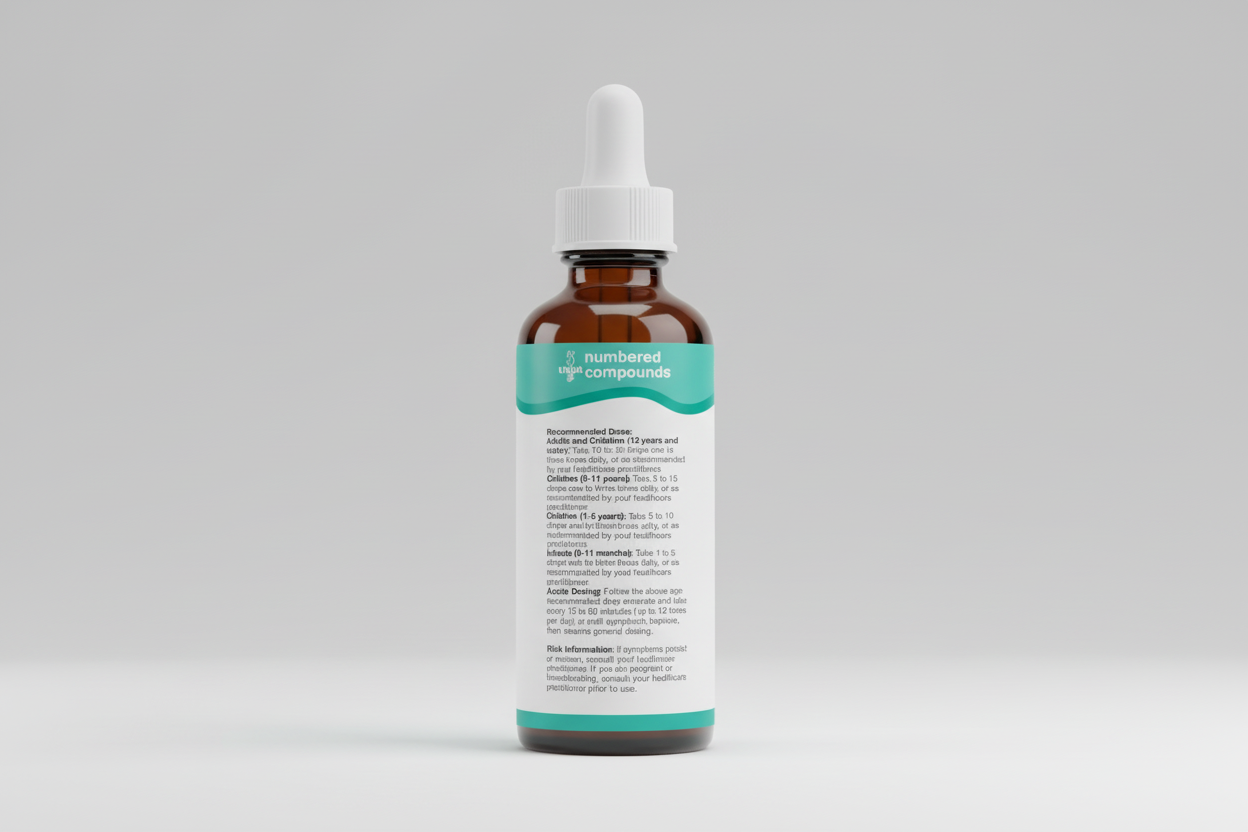 UNPA numbered compounds label with dosing instructions and risk information.