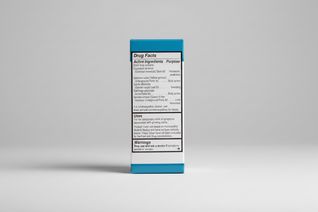 Drug facts label for a homeopathic product with active ingredients and uses.