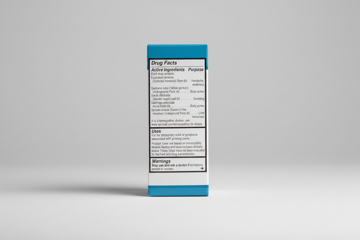 Drug facts label for a homeopathic product with active ingredients and uses.