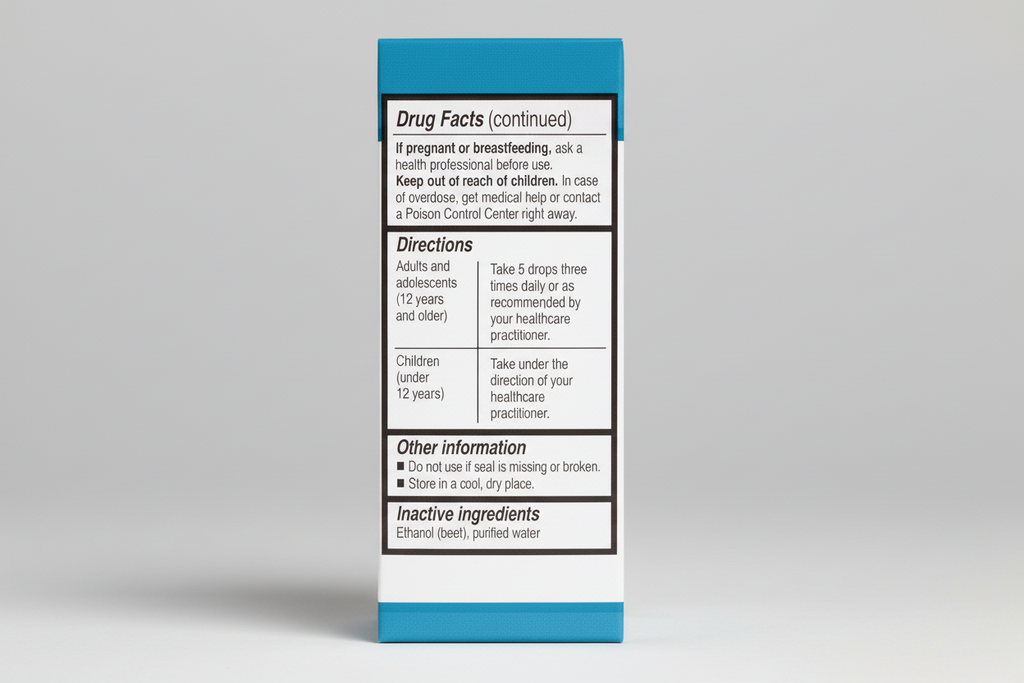 Drug facts label with directions and inactive ingredients on a blue background