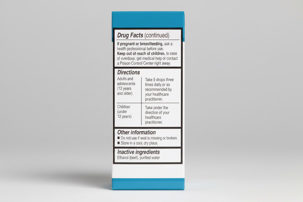 Drug facts label with directions and inactive ingredients on a blue background
