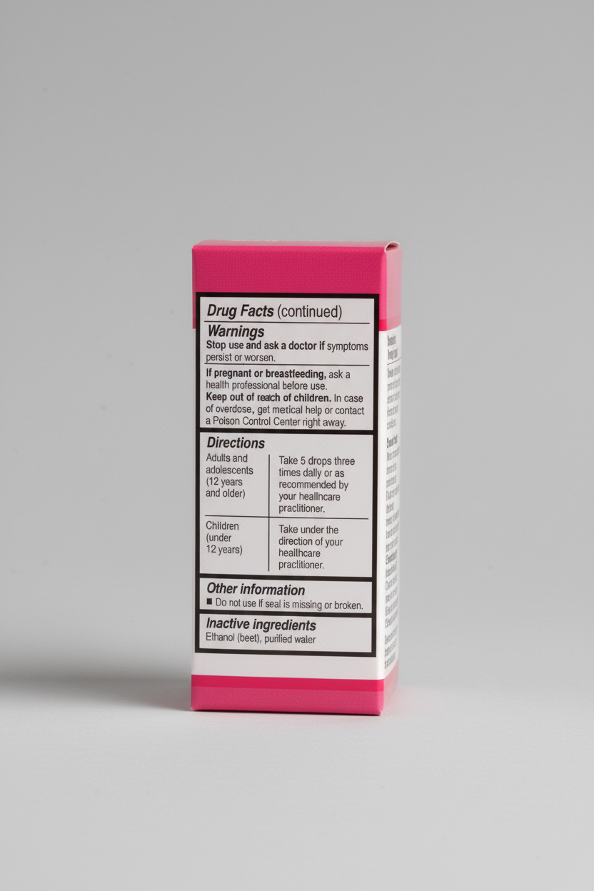 Drug facts label with warnings, directions, and inactive ingredients on a pink background