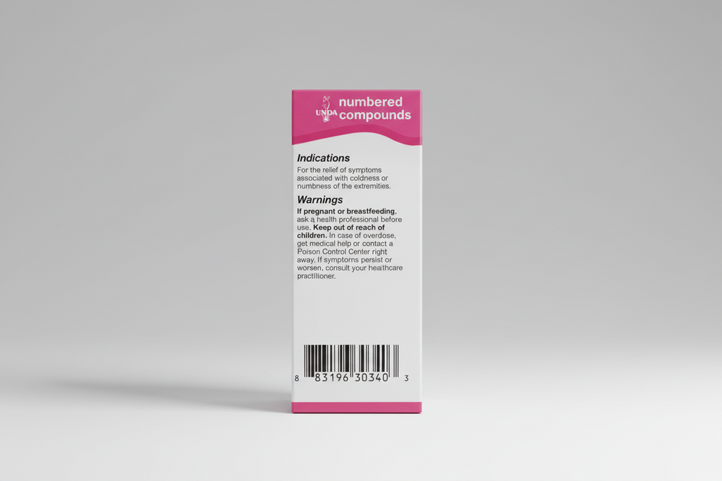 Drug label for UNPA numbered compounds with pink and white design