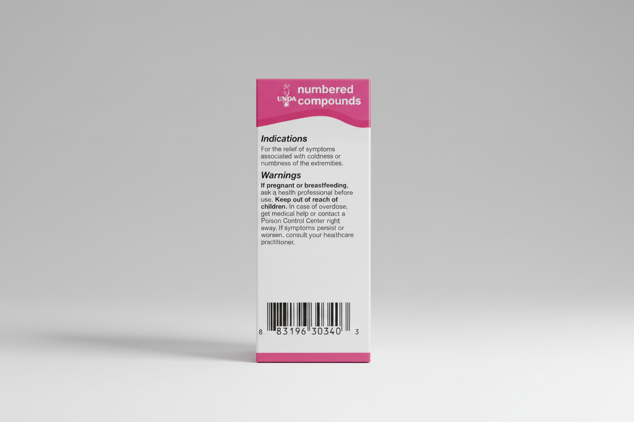 Drug label for UNPA numbered compounds with pink and white design