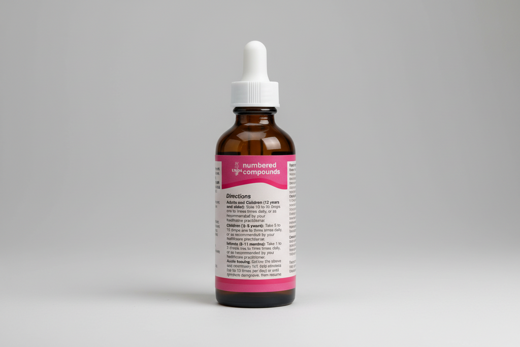 UNDA numbered compounds label with dosage instructions on a pink background