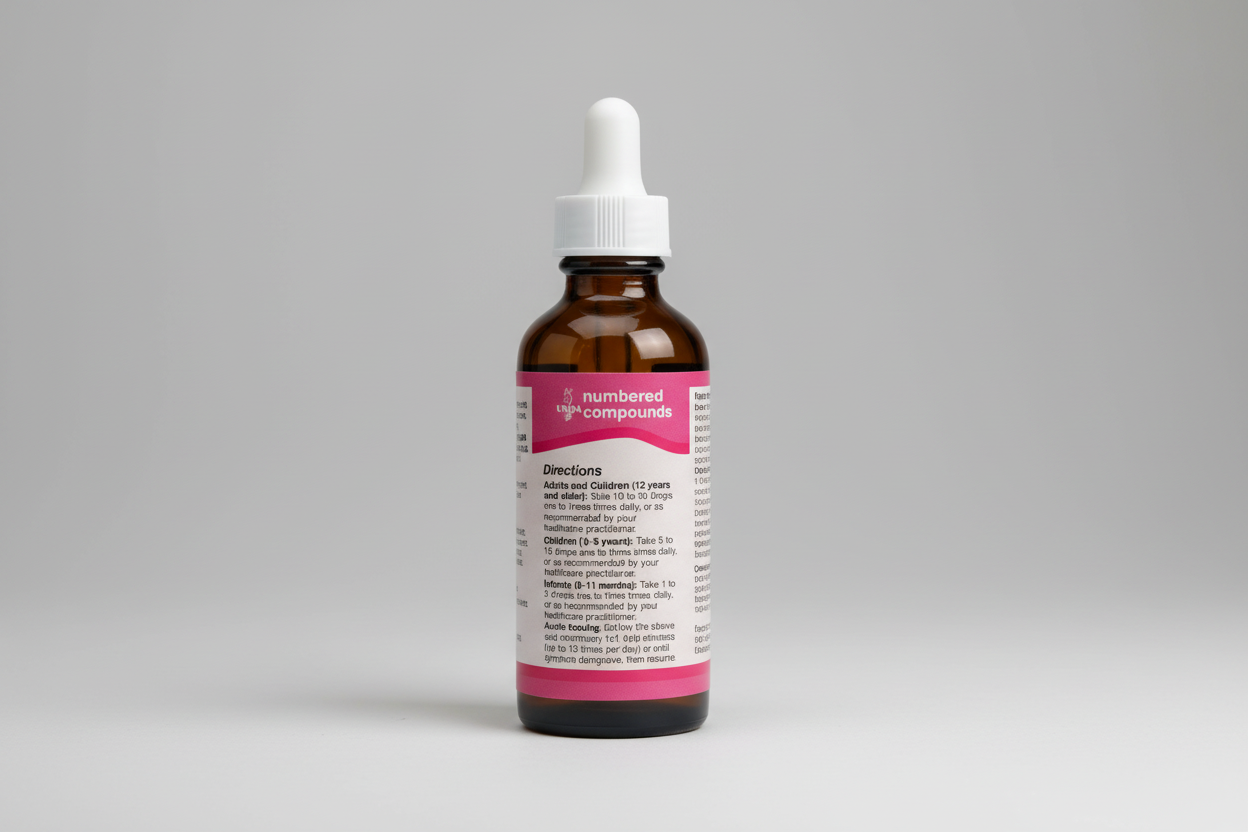 UNDA numbered compounds label with dosage instructions on a pink background