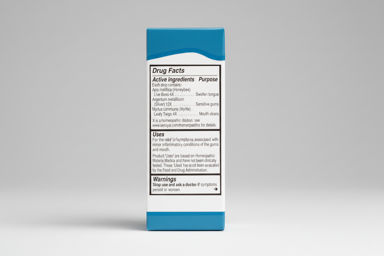 Drug facts label for a homeopathic product with active ingredients and uses.