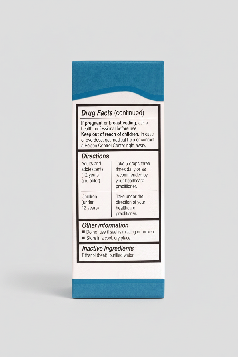 Drug facts label with directions and inactive ingredients on a blue and white background