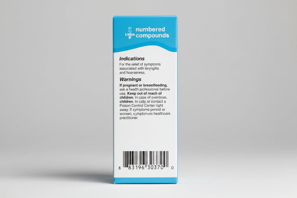 Drug label with blue and white background, text about indications and warnings.