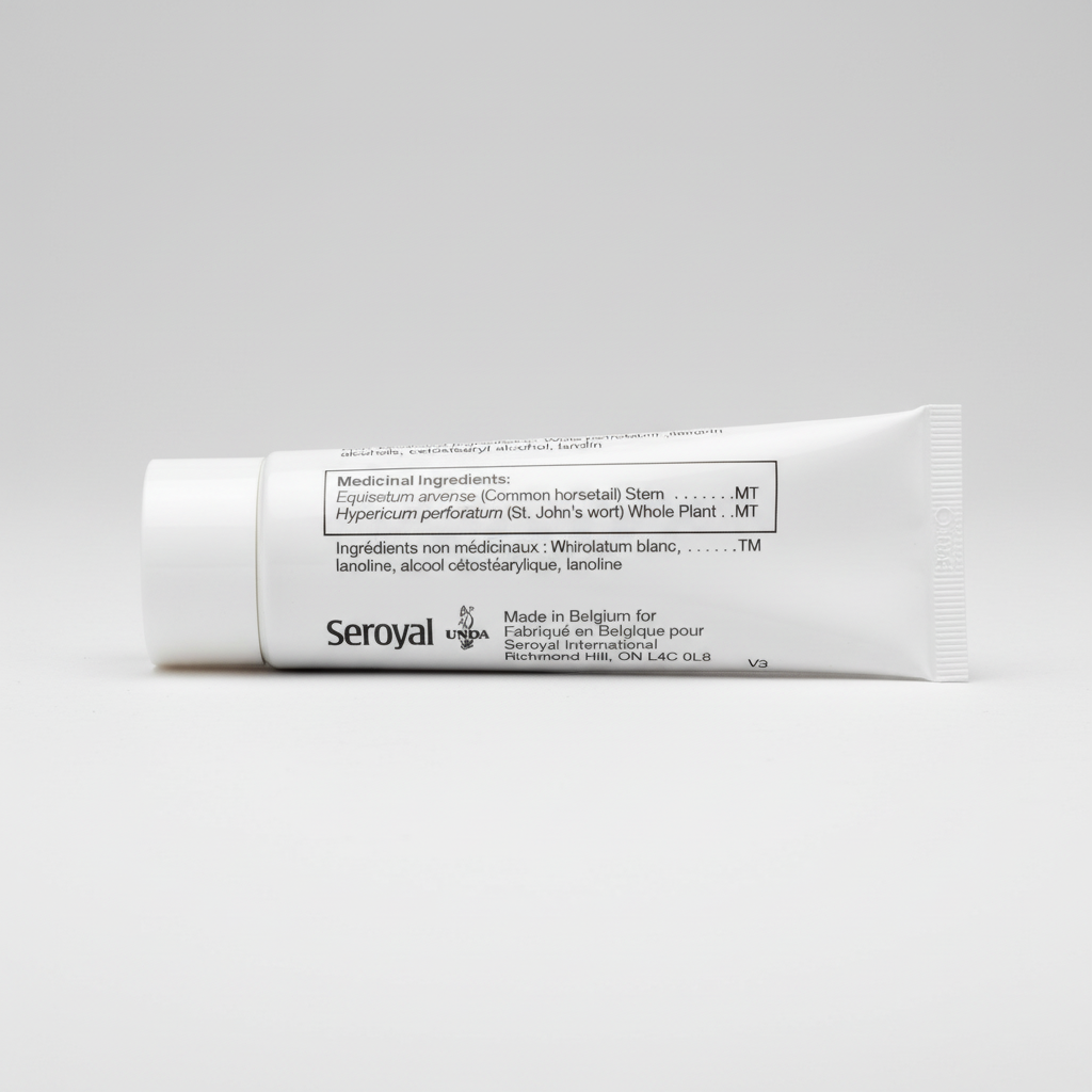 Product label with medicinal and non-medicinal ingredients and Seroyal branding.