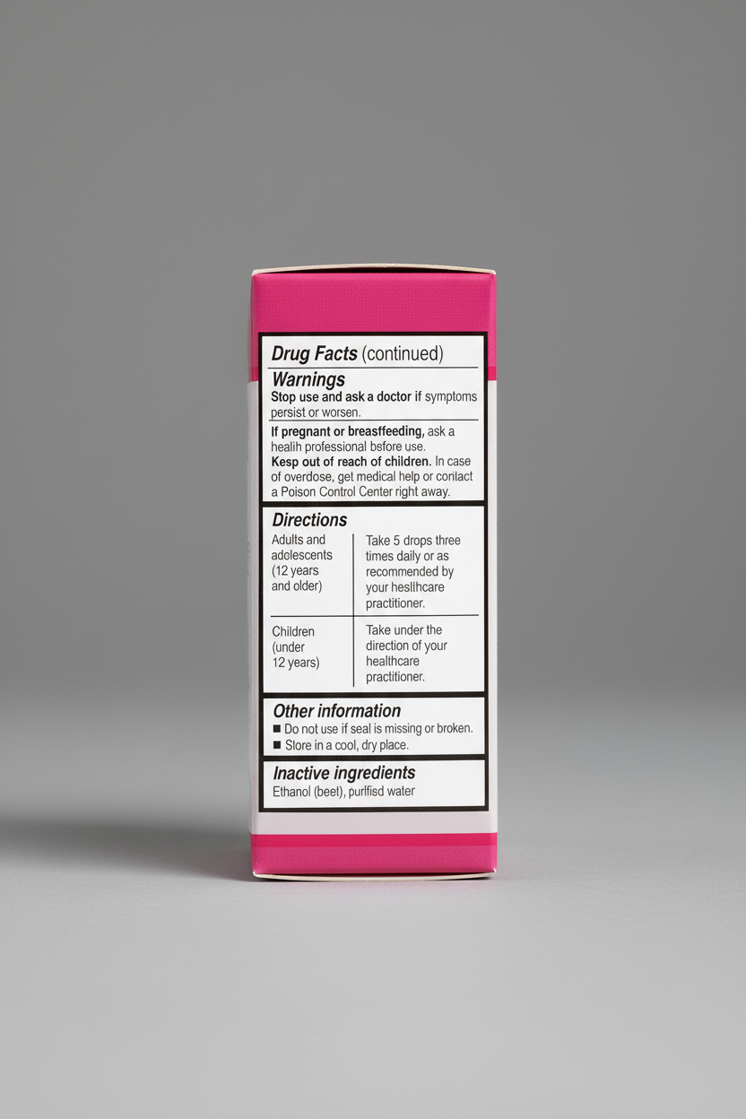 Drug facts label with warnings, directions, and inactive ingredients on a pink background