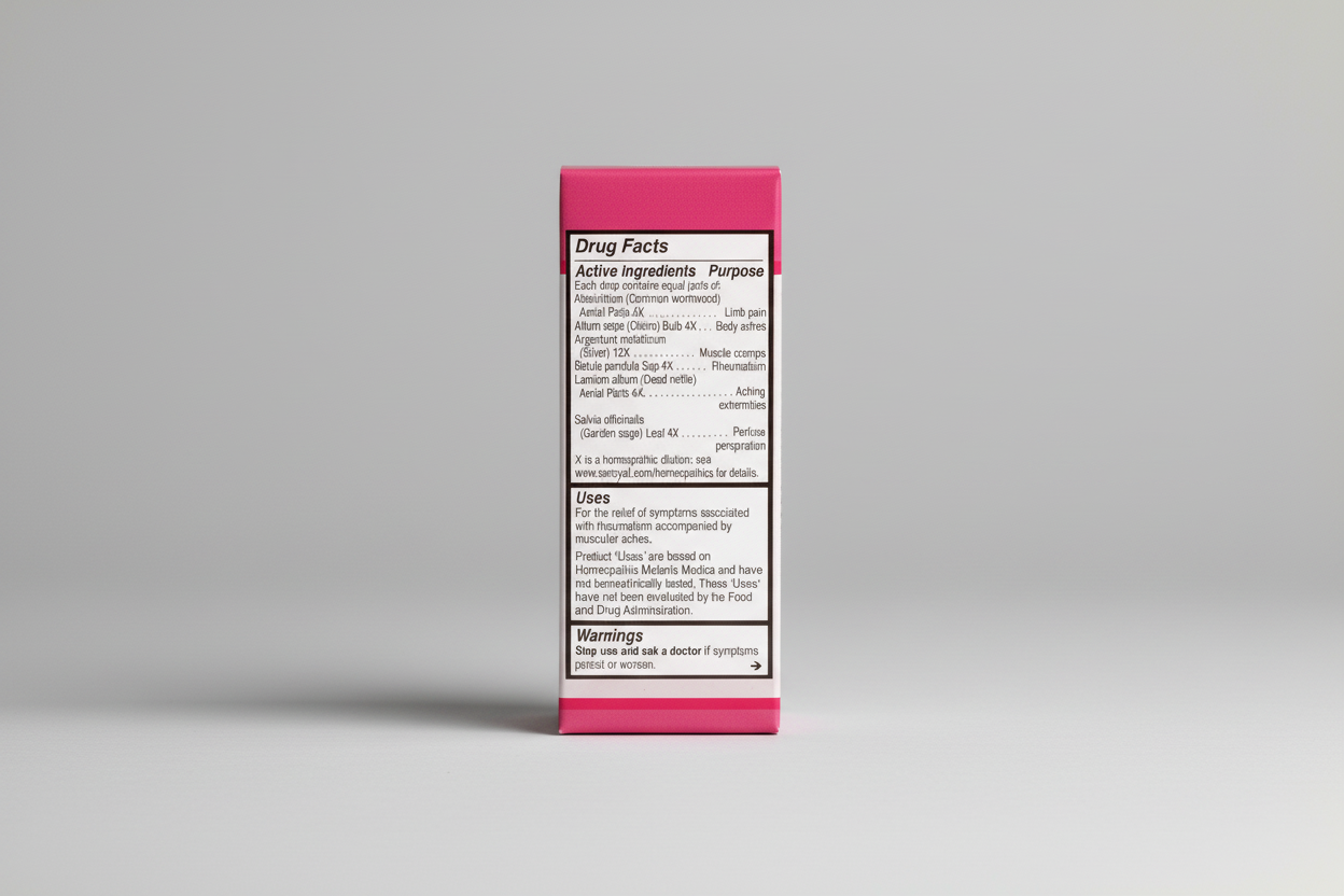Drug facts label for a homeopathic product with active ingredients and uses.