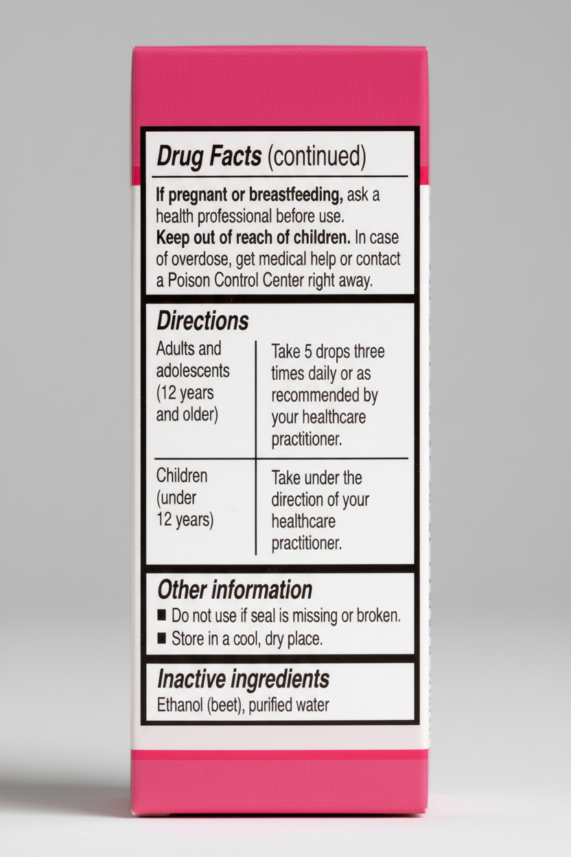 Drug facts label with directions and inactive ingredients on a pink background