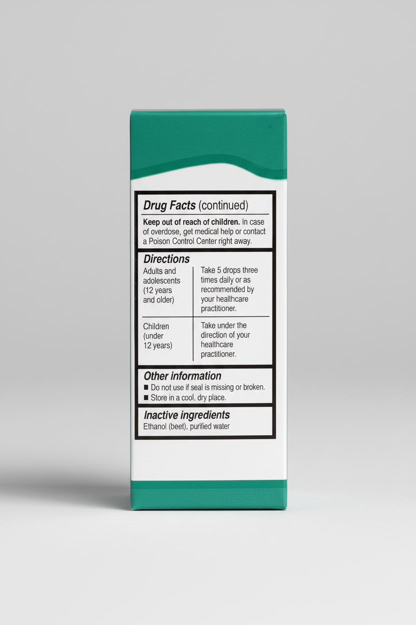 Drug facts label with directions and inactive ingredients on a green and white background