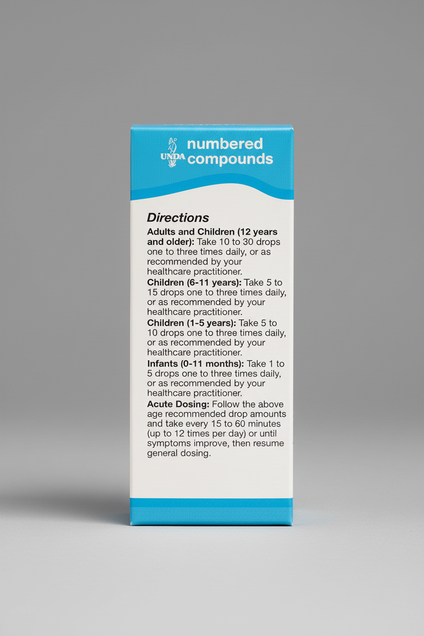 Package of UNDA numbered compounds with dosing instructions.