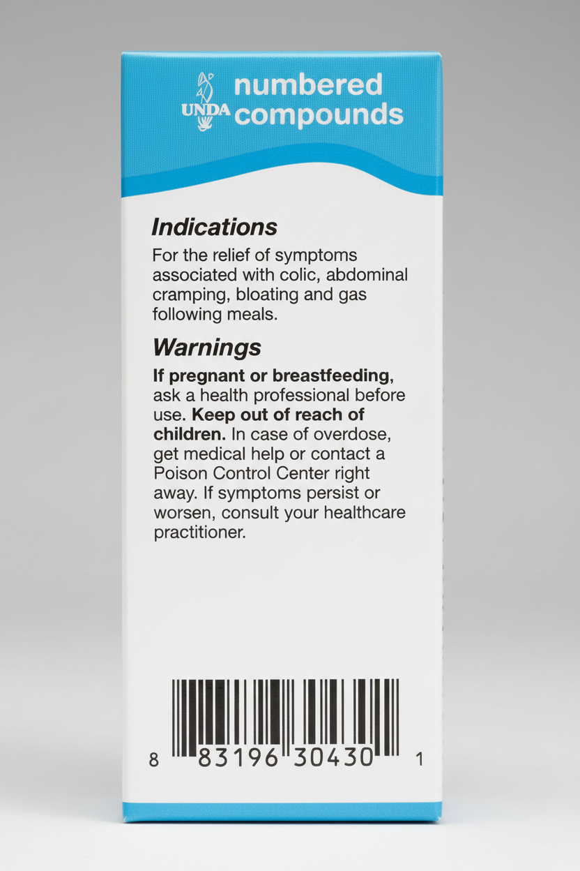 Back label of a medication container with text and a barcode.
