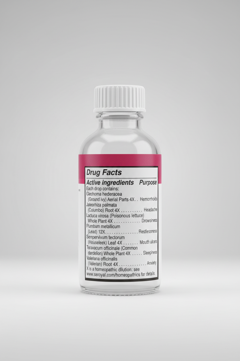 Drug facts label with homeopathic ingredients and their purposes on a pink background