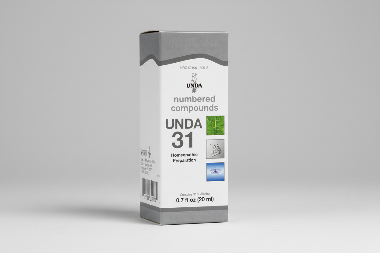 Box of UNDA 31 homeopathic preparation with branding and product details.