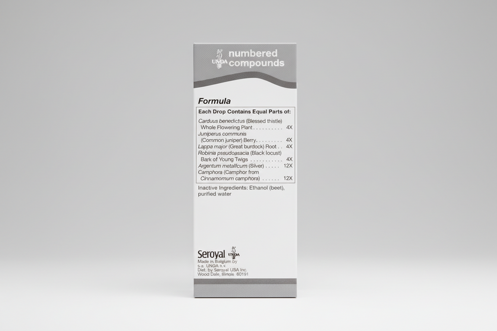 Label for Seroyal numbered compounds with ingredient list and branding.