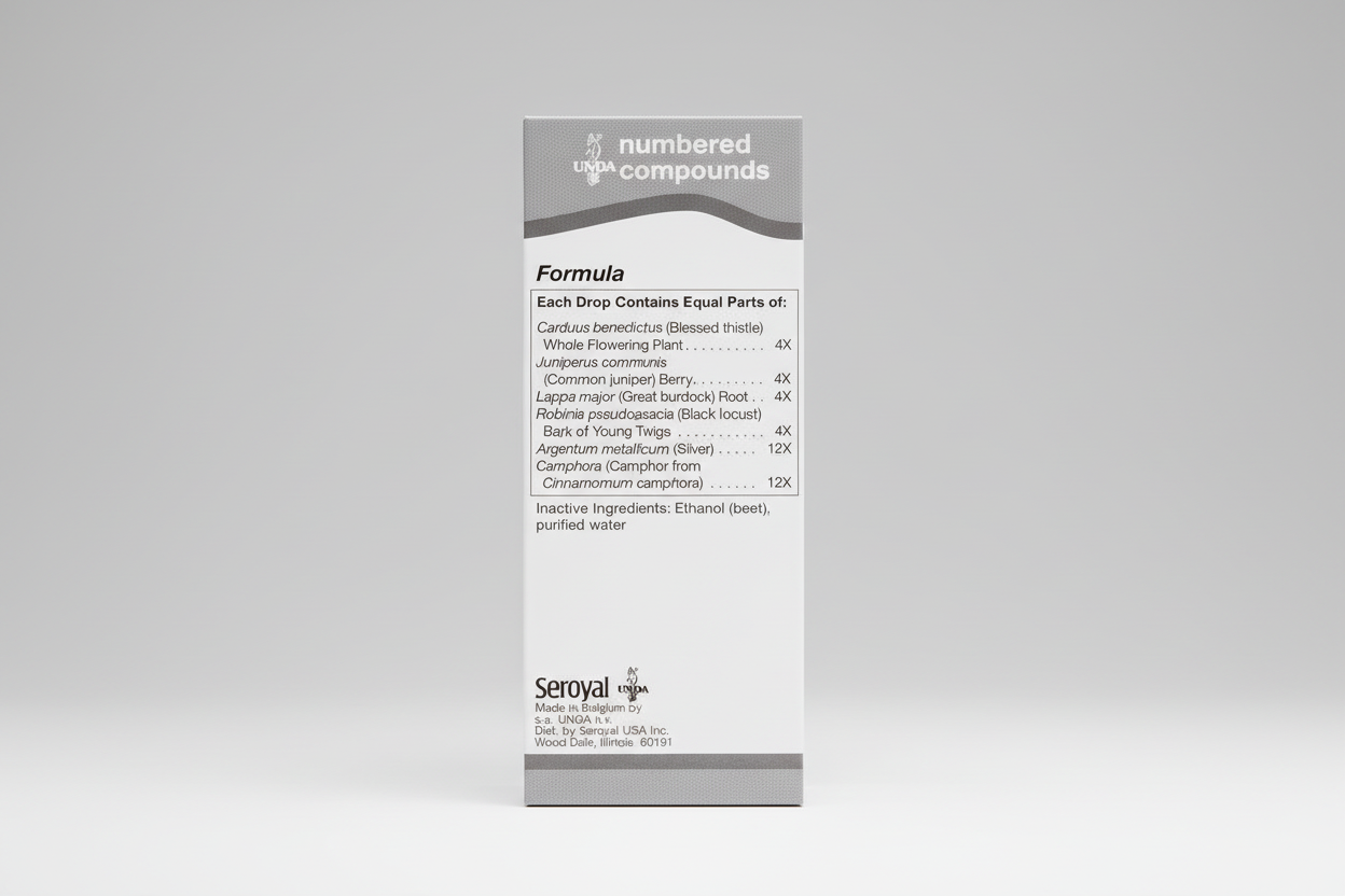 Label for Seroyal numbered compounds with ingredient list and branding.