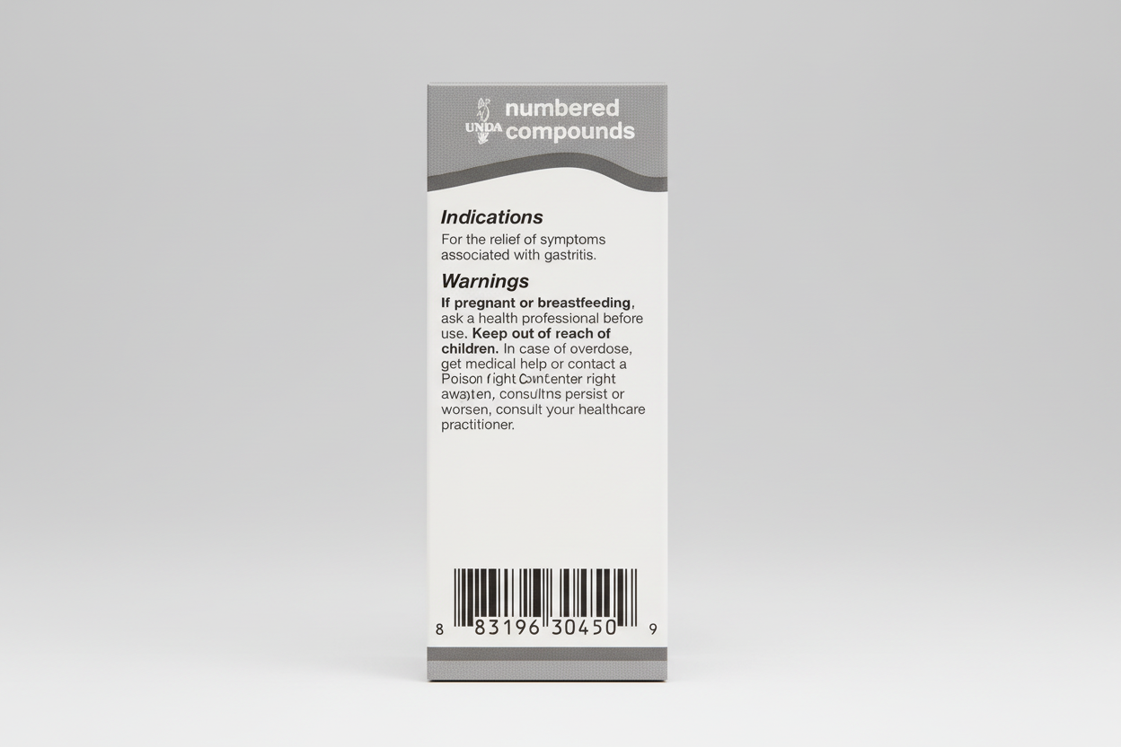 Drug label for numbered compounds with indications and warnings.