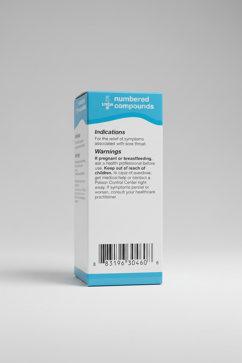 Back label of a medication container with text and a barcode, featuring UNDA brand.