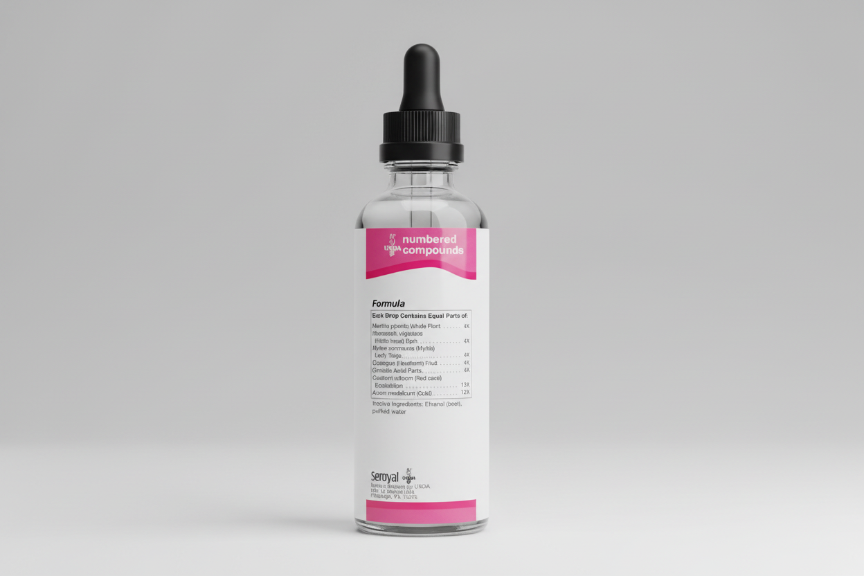 Seroyal UNDA numbered compounds label with pink and white design