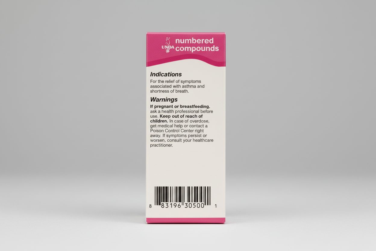 Package label for UNPA numbered compounds with indications, warnings, and a barcode.
