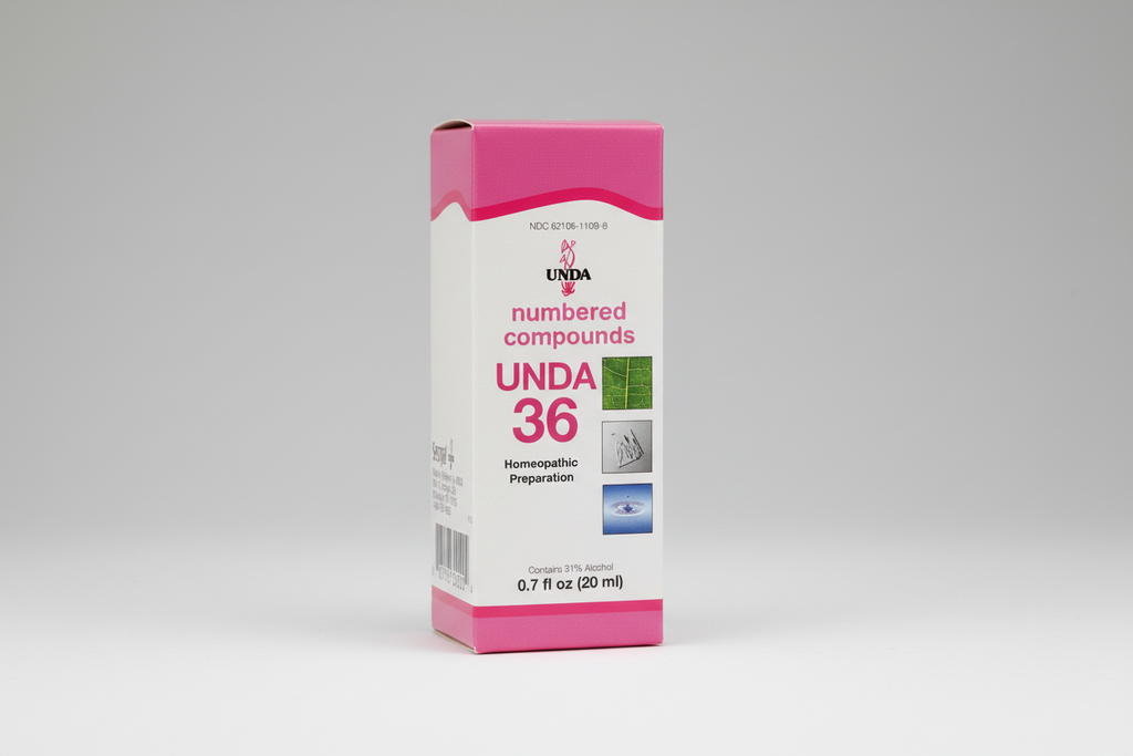 Box of UNDA 36 homeopathic preparation with pink and white design