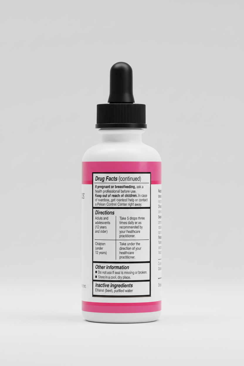 Drug facts label with directions and inactive ingredients on a pink background