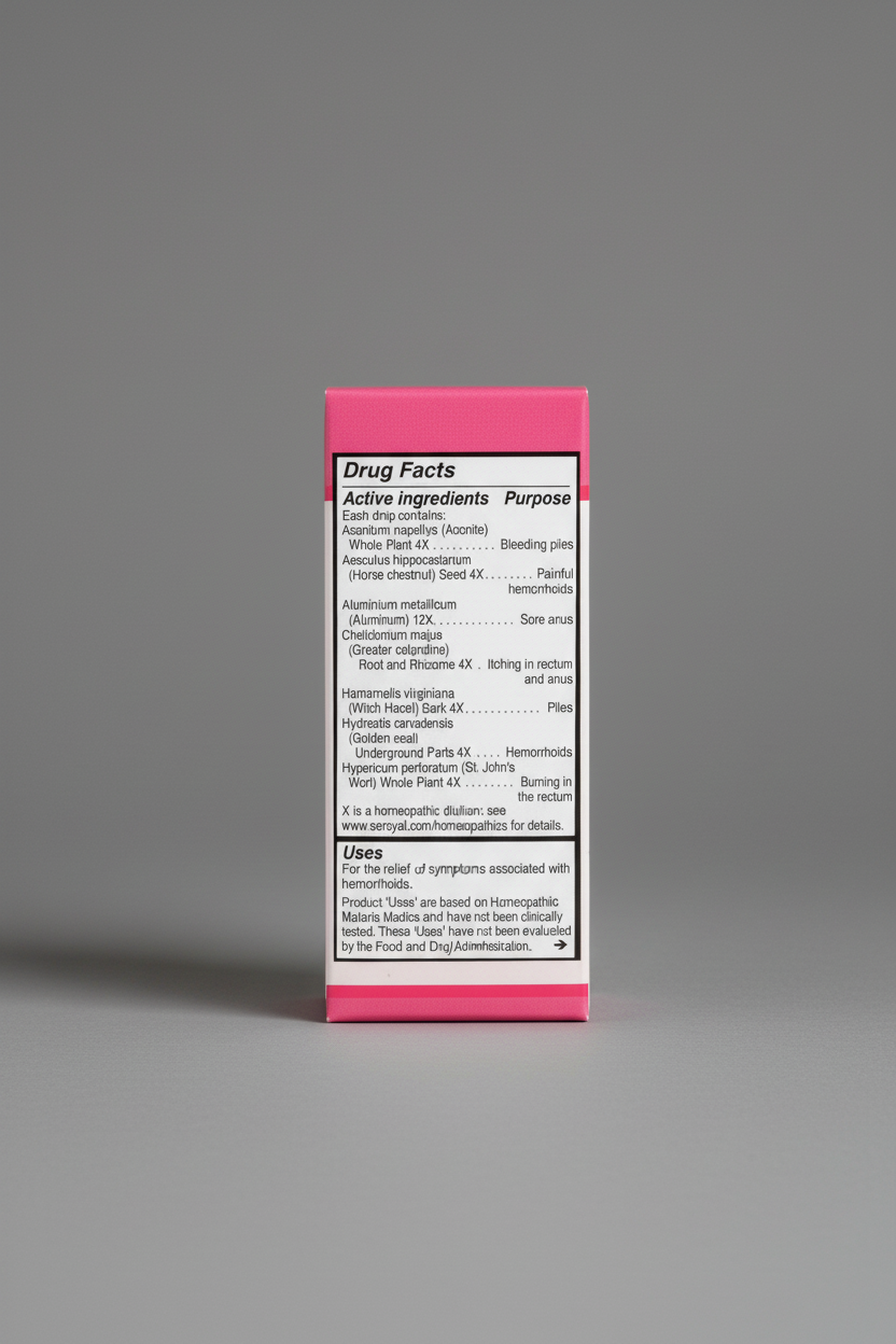 Drug facts label with active ingredients and uses on a pink background