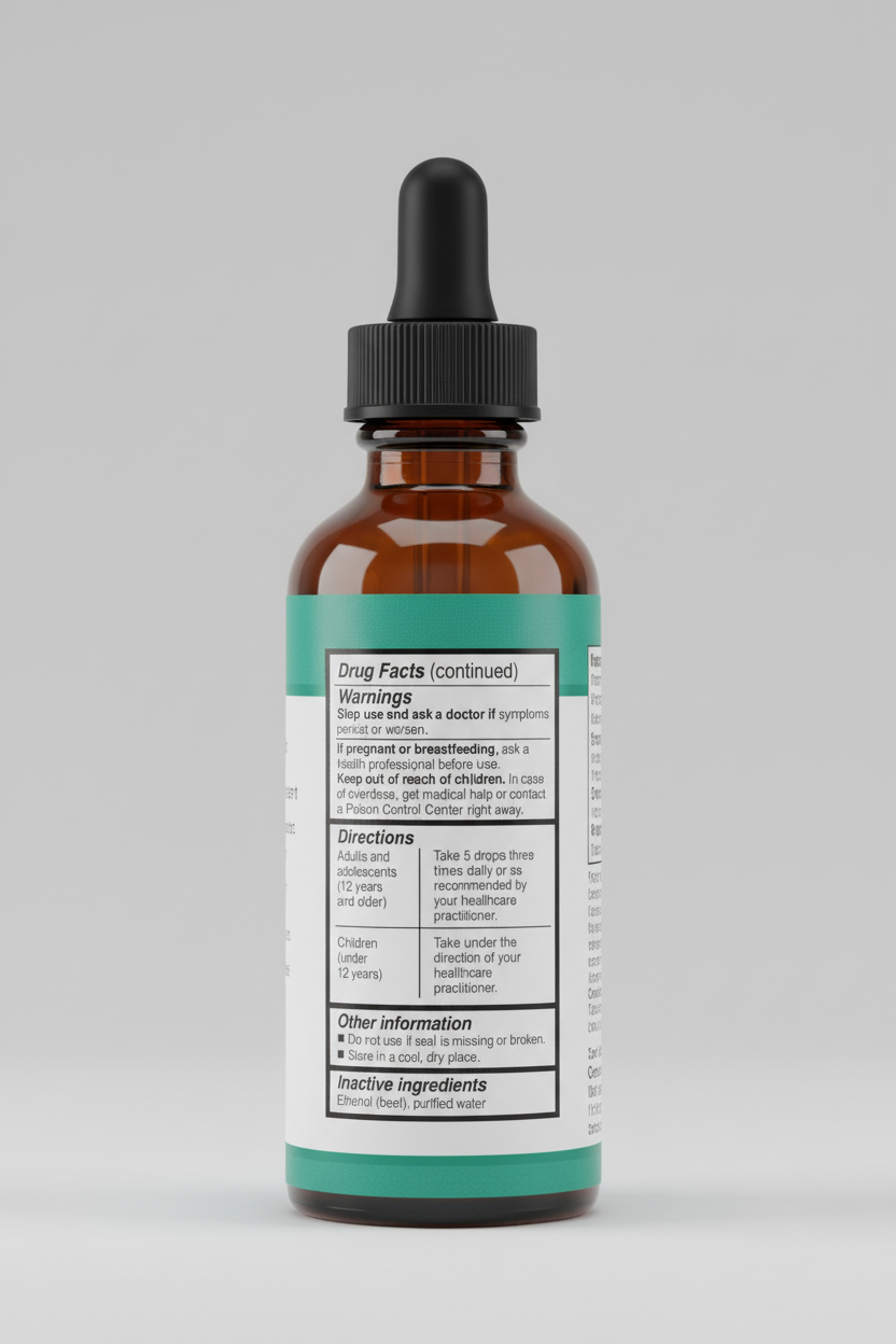 Drug facts label with warnings, directions, and inactive ingredients on a green background