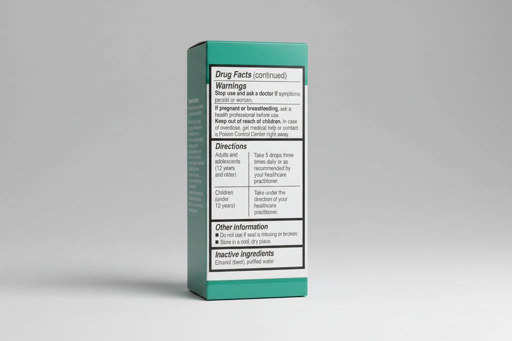Drug facts label with warnings and directions on a green background