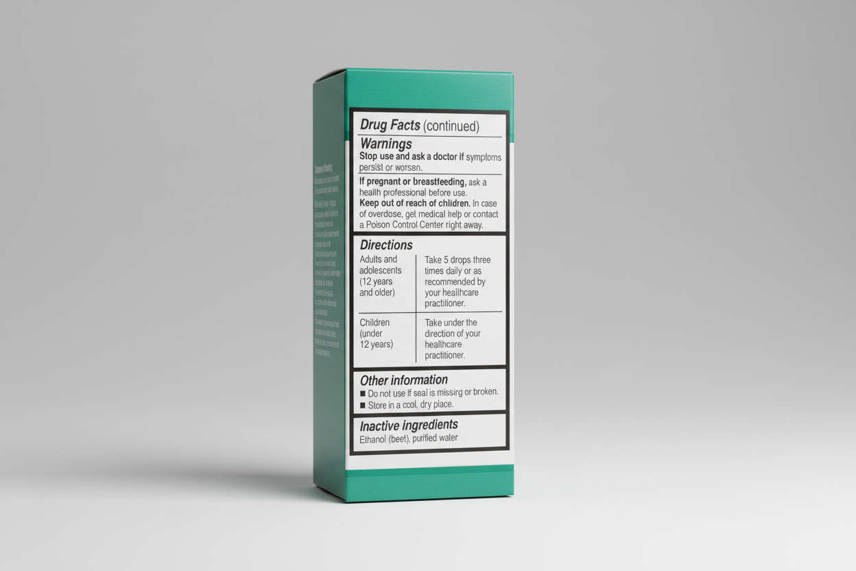 Drug facts label with warnings and directions on a green background