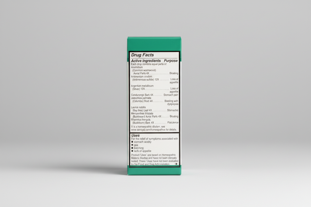 Drug facts label with active ingredients and uses on a green background
