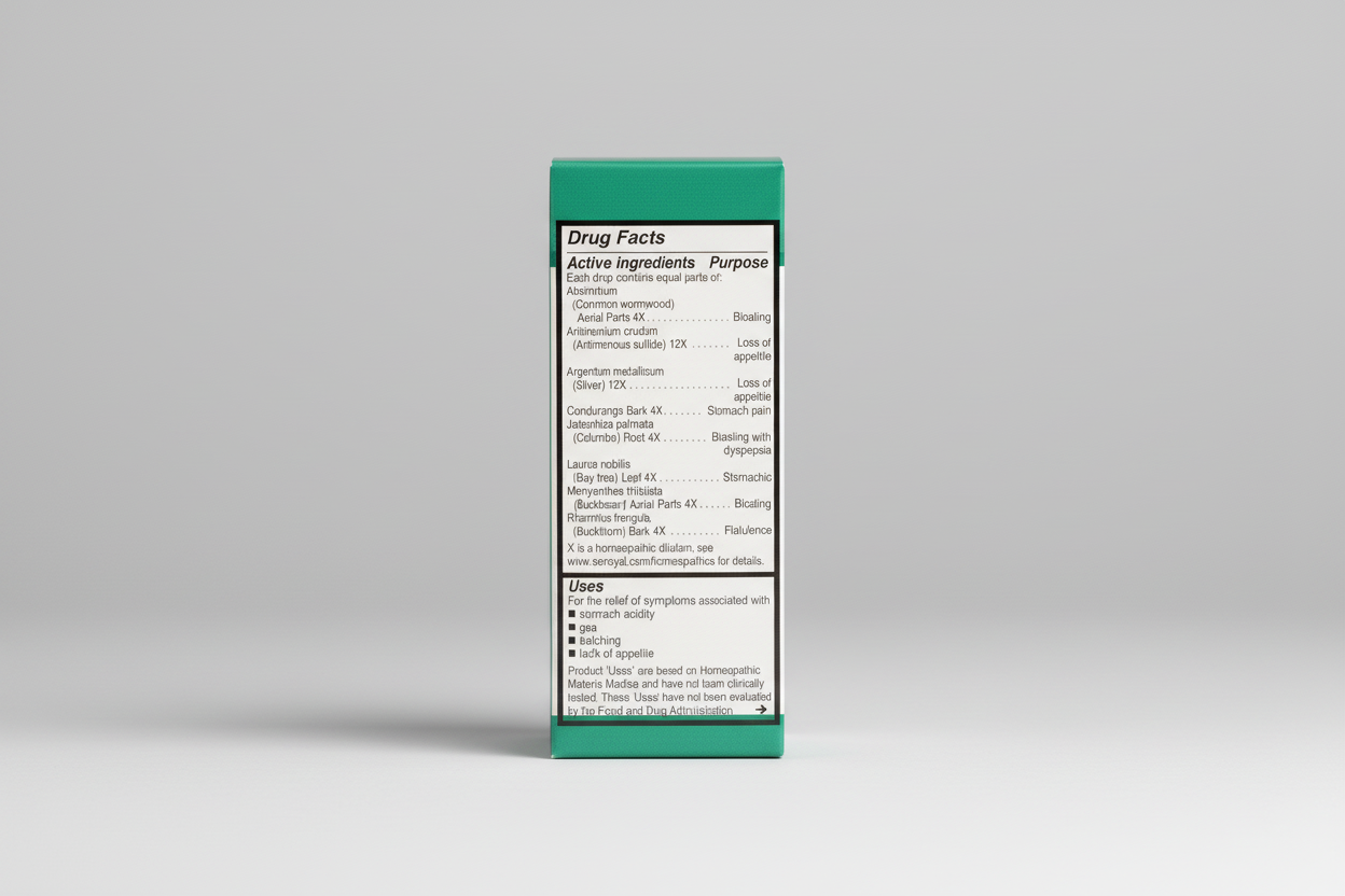 Drug facts label with active ingredients and uses on a green background