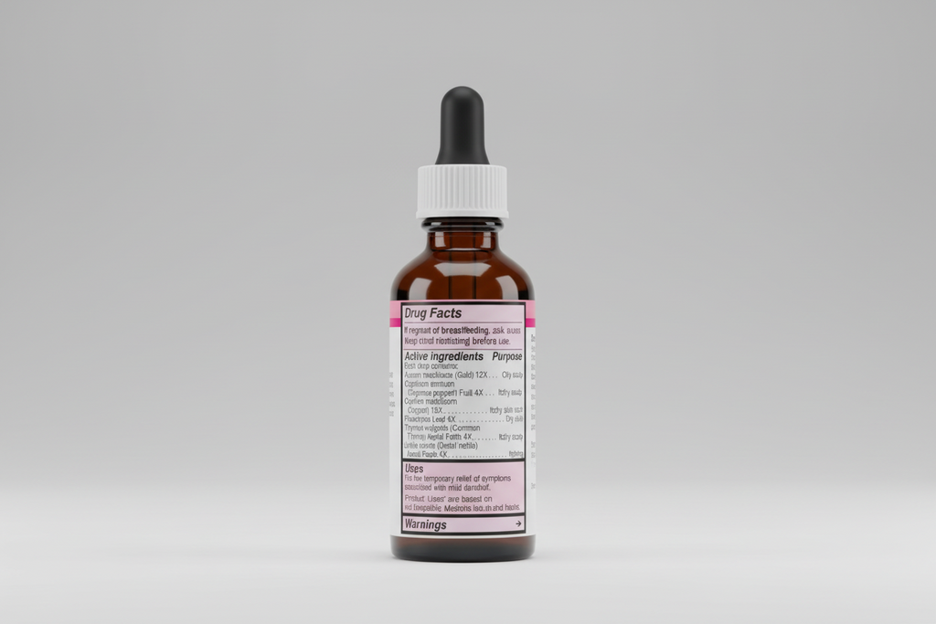 Drug facts label for a homeopathic product with active ingredients, uses, warnings, and directions.