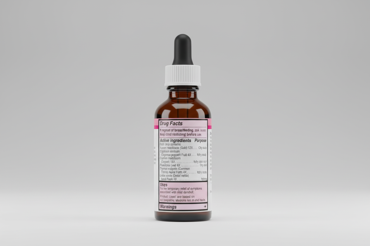 Drug facts label for a homeopathic product with active ingredients, uses, warnings, and directions.