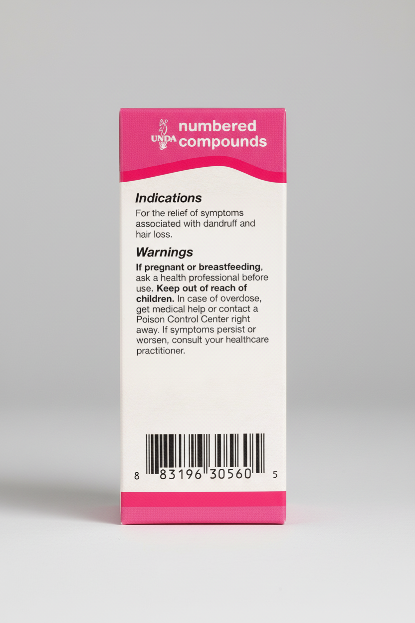 Back label of a product with pink and white design, containing text and a barcode.