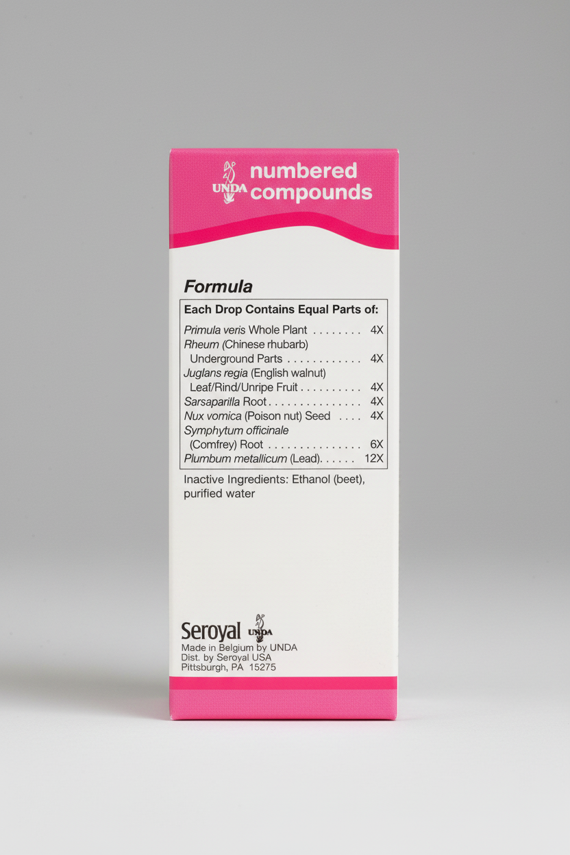 Label for Seroyal numbered compounds with pink and white design