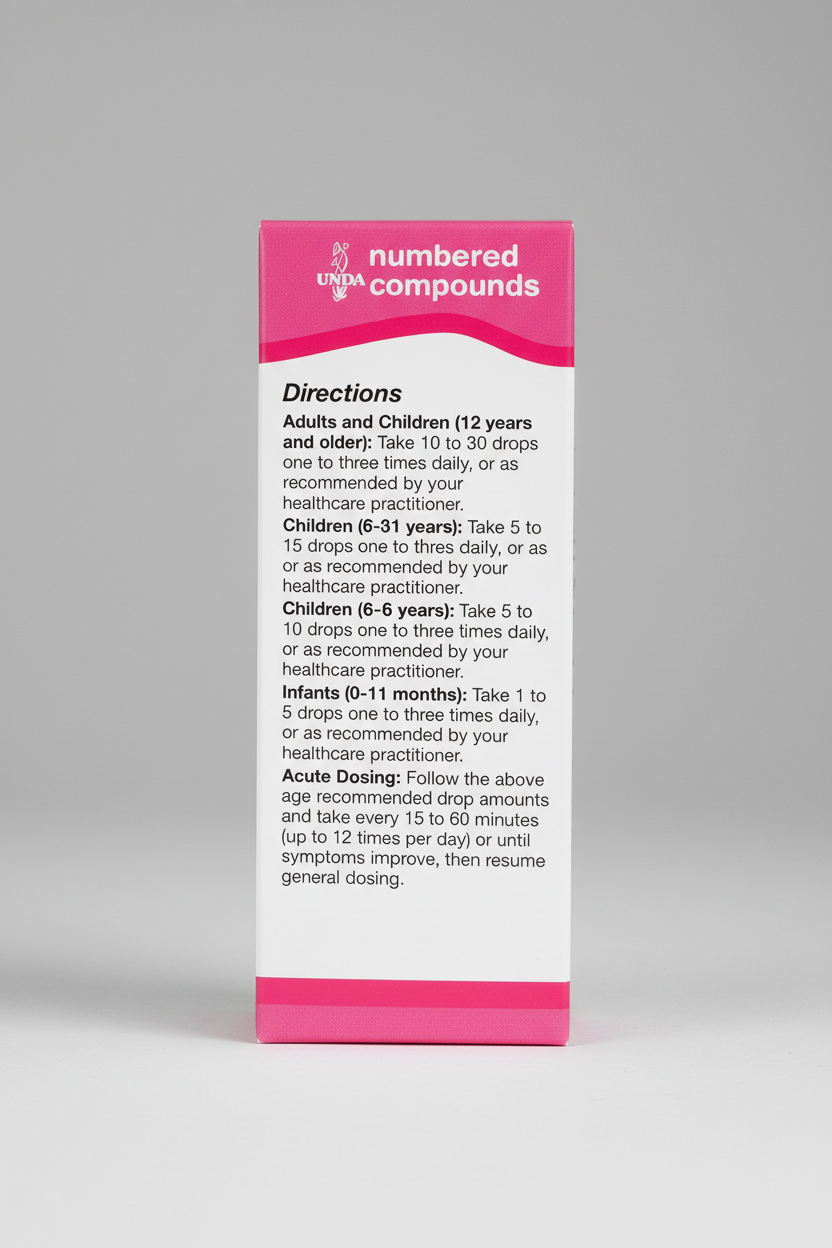 UNDPA labeled directions for taking numbered compounds on a pink background