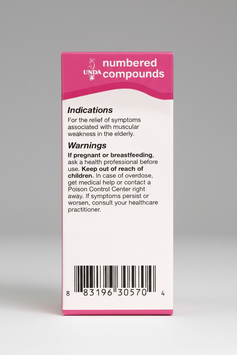 Drug label for 'numbered compounds' with pink and white design, including indications and warnings.
