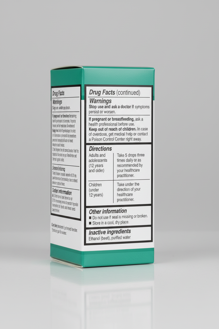 Drug label with warnings, directions, and inactive ingredients on a green background