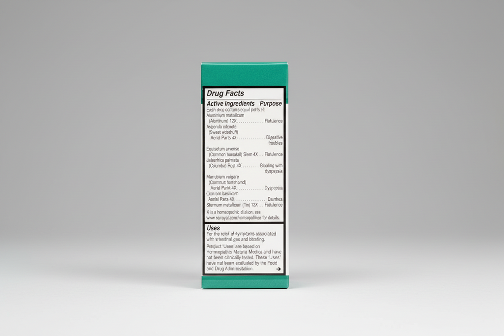 Drug facts label with active ingredients and uses on a green background