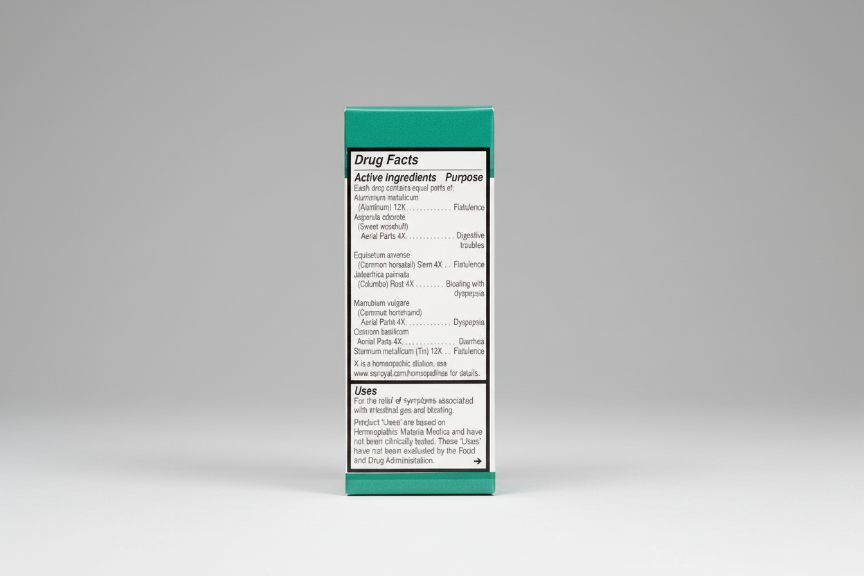 Drug facts label with active ingredients and uses on a green background