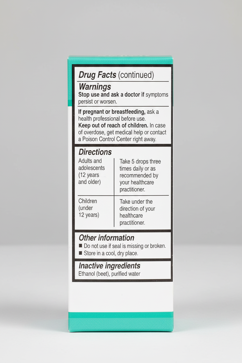 Drug label with directions, warnings, and inactive ingredients on a white background